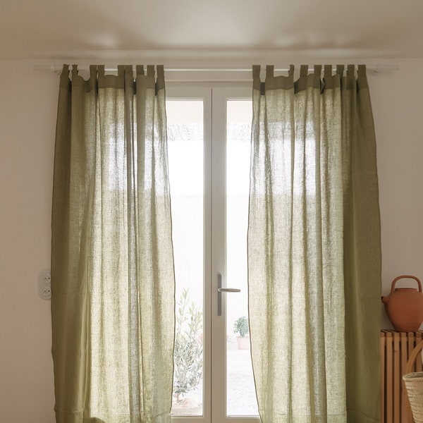 Tab top green linen curtains, semi-sheer washed linen curtain panel, custom linen curtains