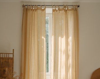 Tie top linen curtain panel, semi-sheer washed linen curtains, custom made linen drapes