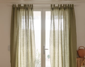 Tab top green linen curtains, semi-sheer washed linen curtain panel, custom linen curtains