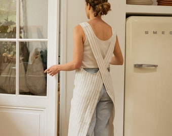 Pinafore linen apron in beige stripe color, Japanese cross back linen apron with pockets
