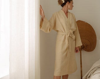 Sandgelber Leinen Bademantel, handgefertigter Leinen Kimono Robe, übergroßer Leinen Morgenmantel für Frauen
