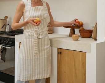 Linen apron in beige stripe color, washed linen kitchen apron with pockets, linen bib apron