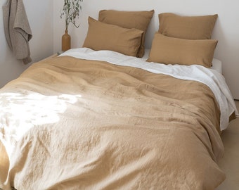 Linen bedding set in color almond: linen duvet cover and two linen pillowcases, washed linen comforter set, Queen King sizes