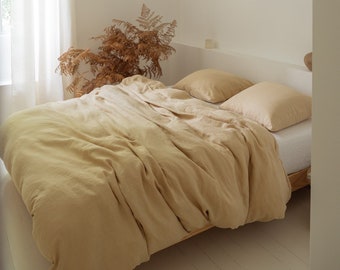 Sandy yellow linen duvet cover, washed linen bedding, linen comforter cover Queen King California sizes