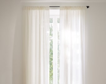 Rod pocket white linen curtain panel, semi-sheer washed white linen curtains, custom made linen drapes