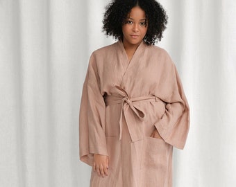 Accappatoio in lino rosa tramonto, kimono in lino fatto a mano, accappatoio oversize in lino da donna