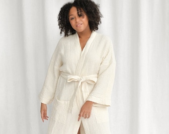 Cream white waffle weave linen bathrobe, handmade linen and cotton blend kimono robe, oversized linen robe for women