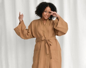 Almond linen bathrobe, handmade linen kimono robe, oversized linen robe for women