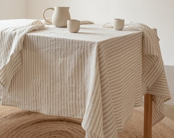 Beige stripe linen tablecloth, square, rectangular linen table cloth, custom size table linens