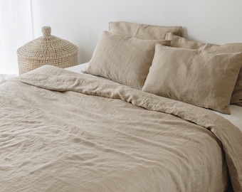 Linen duvet cover set in beige: linen duvet cover and two linen pillowcases, washed linen bedding set, Queen King sizes