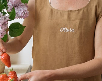 Personalized linen apron in various colors, Pinafore cross back linen apron with custom embroidery