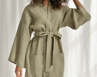 Moss green linen bathrobe, handmade linen kimono robe, oversized linen robe for women