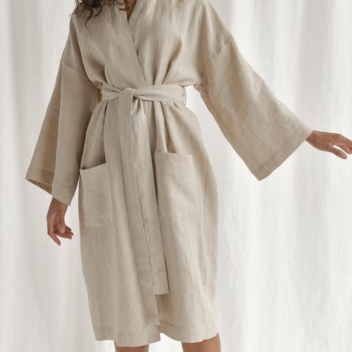 Beige Linen Bathrobe Handmade Linen Kimono Robe Oversized Etsy