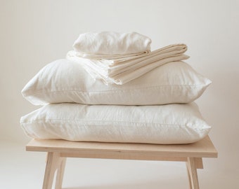 White linen sheet set: linen fitted sheet, linen flat sheet and two linen pillowcases, Queen King washed linen sheets