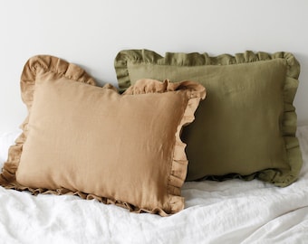 Linen pillowcase with ruffles, Standard Queen farmhouse style linen pillow covers in various sizes and colors