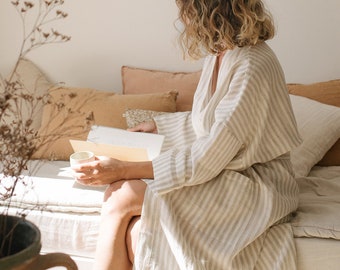 Beige stripe linen bathrobe, handmade linen kimono robe, oversized linen robe for women