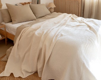 Cream white waffle weave linen blanket, linen cotton blend bed throw blanket Queen King sizes