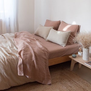 Sunset rose linen sheet set: linen fitted sheet, linen flat sheet and two linen pillowcases, Queen King washed linen sheets