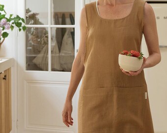 Linen Pinafore Apron in Almond, Japanese Cross Back Style, with Pockets