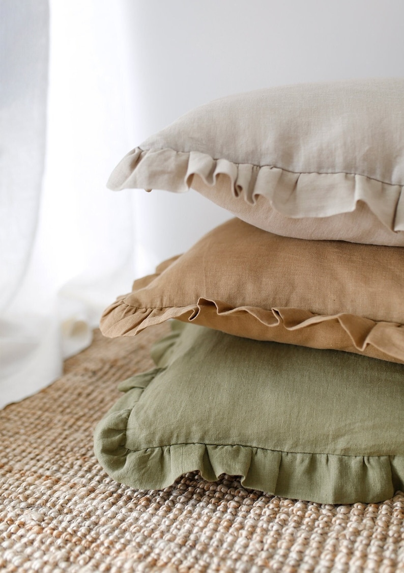 Linen pillowcase with ruffles, Standard Queen farmhouse style linen pillow covers in various sizes and colors image 2