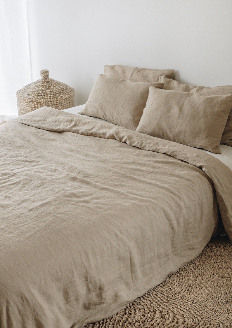 Linen duvet cover set in beige: linen duvet cover and two linen pillowcases, washed linen bedding set, Queen King sizes image 1