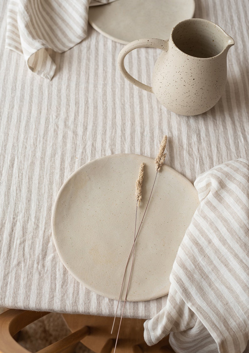 Beige stripe linen tablecloth, square, rectangular linen table cloth, custom size table linens 画像 2