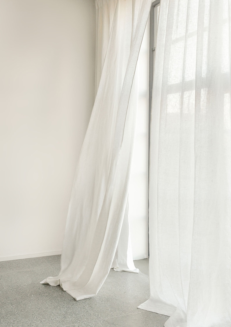 Rod pocket white linen curtain panel, semi-sheer washed white linen curtains, custom made linen drapes 画像 6