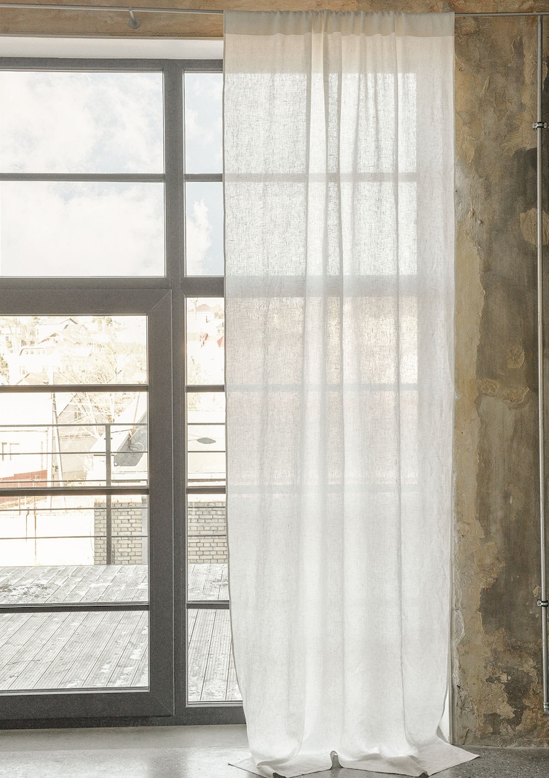 Rod pocket white linen curtain panel, semi-sheer washed white linen curtains, custom made linen drapes image 4