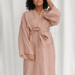 Sunset rose linen bathrobe, handmade linen kimono robe, oversized linen robe for women image 4