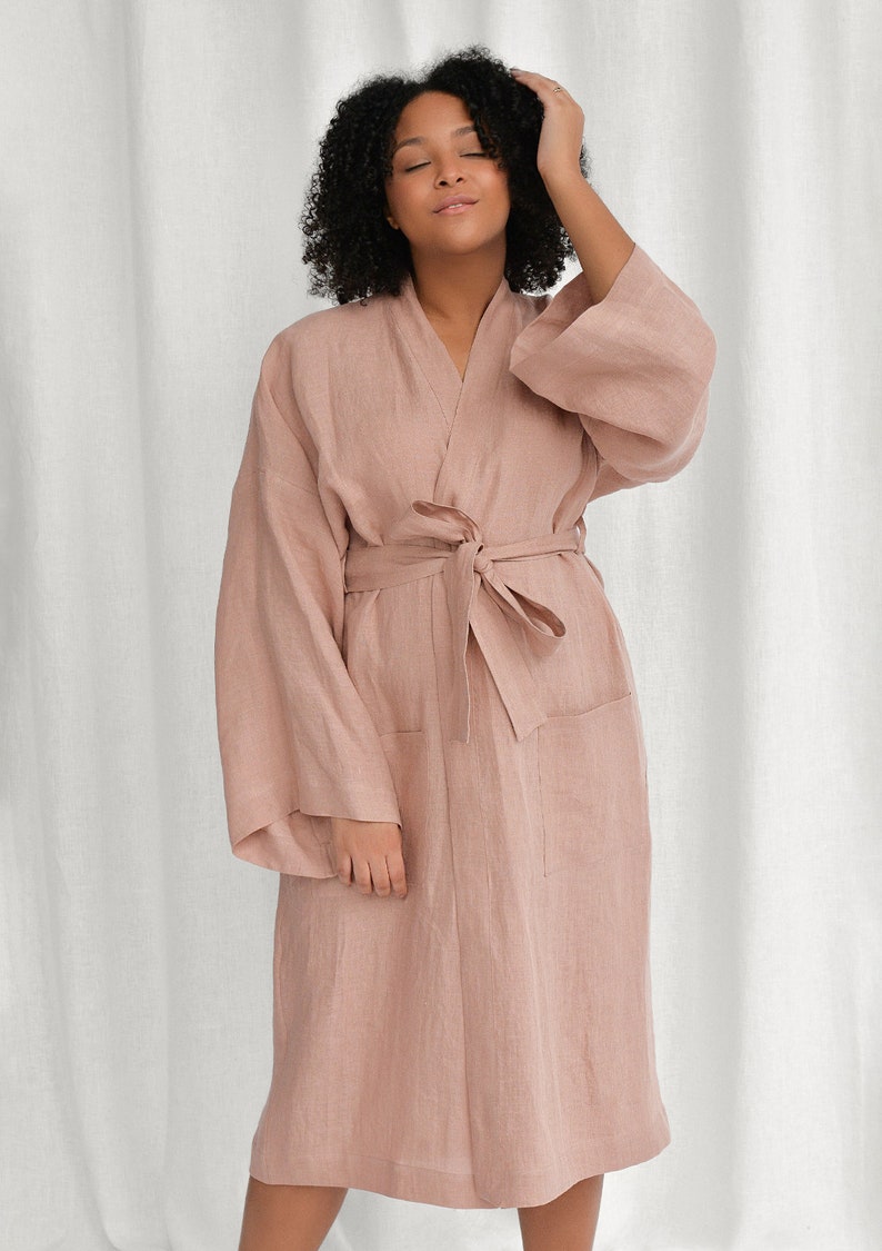 Sunset rose linen bathrobe, handmade linen kimono robe, oversized linen robe for women image 4
