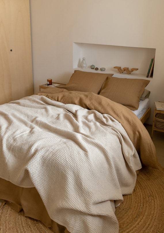 Beige Waffle Weave Linen Blanket Linen Cotton Blend Bed Throw Blanket Queen King Sizes Etsy Canada