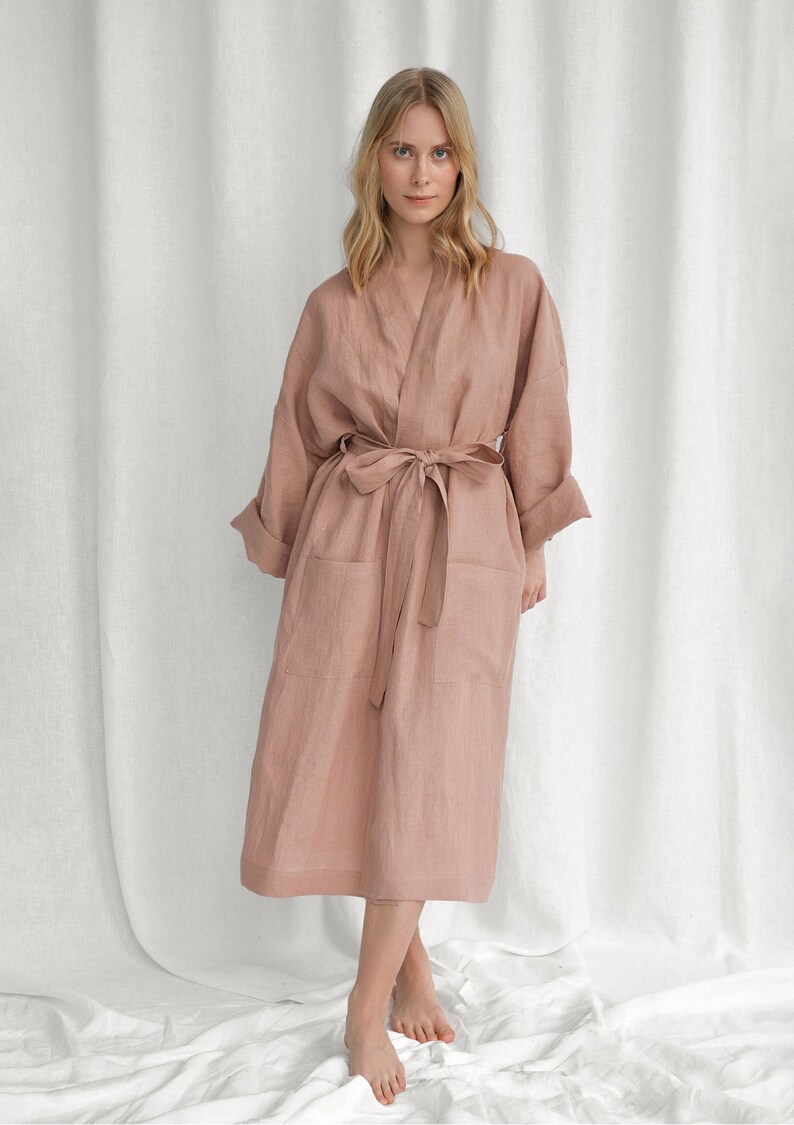 Sunset rose linen bathrobe, handmade linen kimono robe, oversized linen robe for women image 6