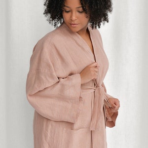 Sunset rose linen bathrobe, handmade linen kimono robe, oversized linen robe for women image 3