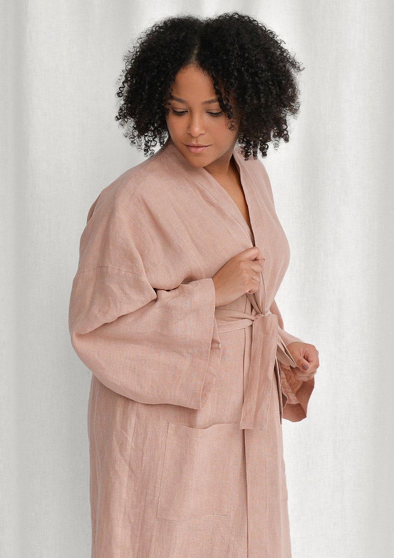 Sunset rose linen bathrobe, handmade linen kimono robe, oversized linen robe for women image 3