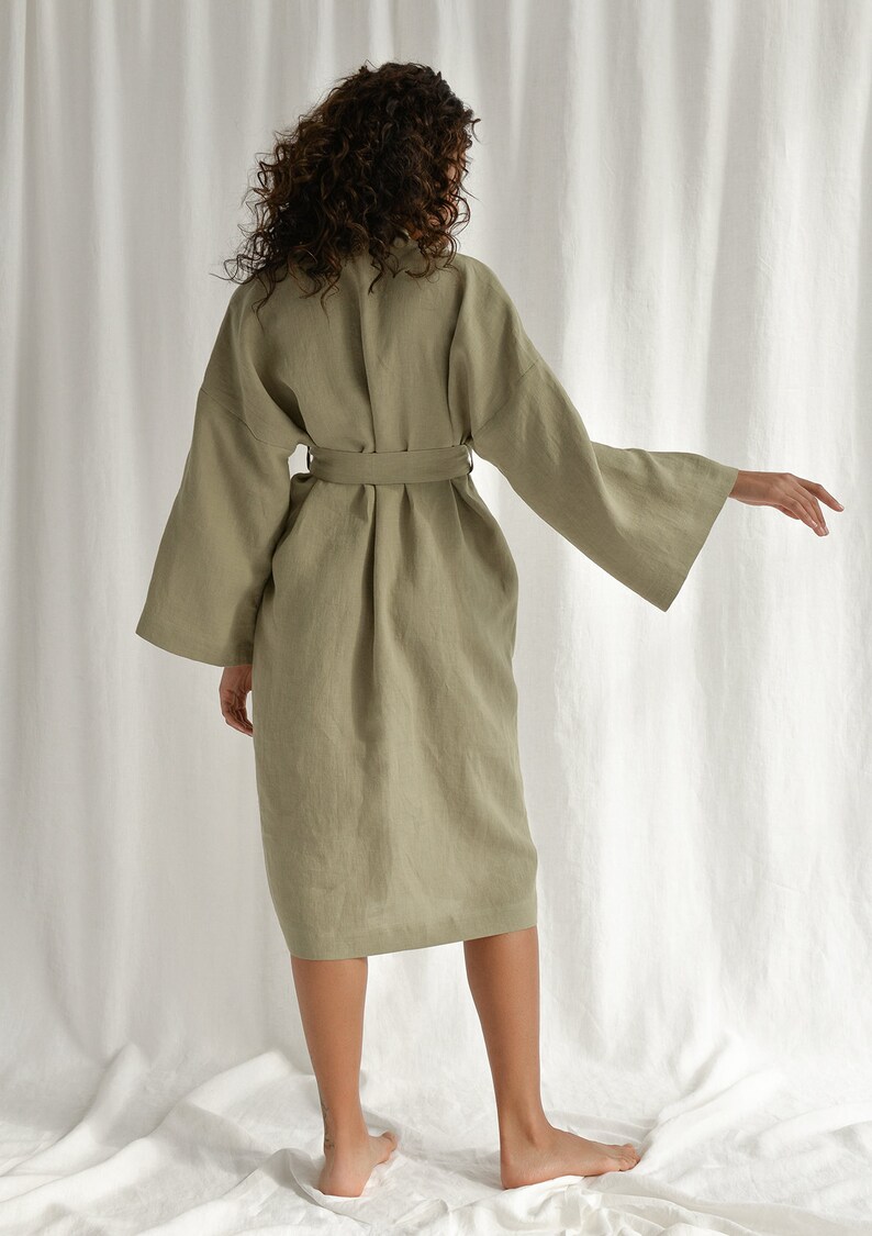 Moss Green Linen Bathrobe Handmade Linen Kimono Robe Etsy