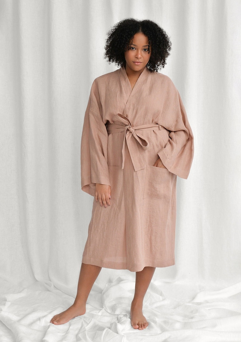 Sunset rose linen bathrobe, handmade linen kimono robe, oversized linen robe for women image 1