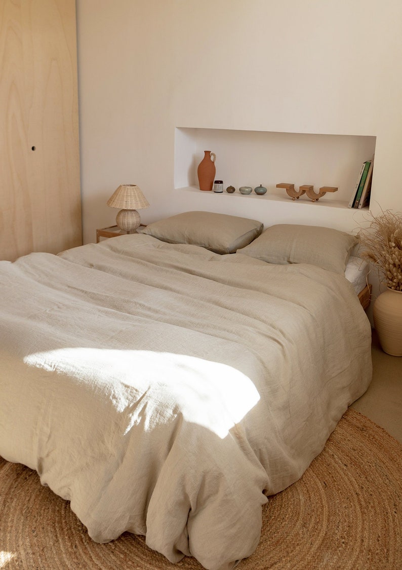 Parure de lit en lin beige : housse de couette en lin et deux taies d'oreiller en lin, parure de lit en lin lavé, queen-size et king-size image 2