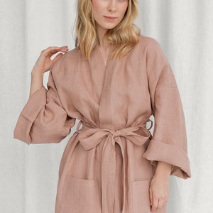 Sunset rose linen bathrobe, handmade linen kimono robe, oversized linen robe for women image 7