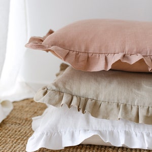 Linen pillowcase with ruffles, Standard Queen farmhouse style linen pillow covers in various sizes and colors image 3