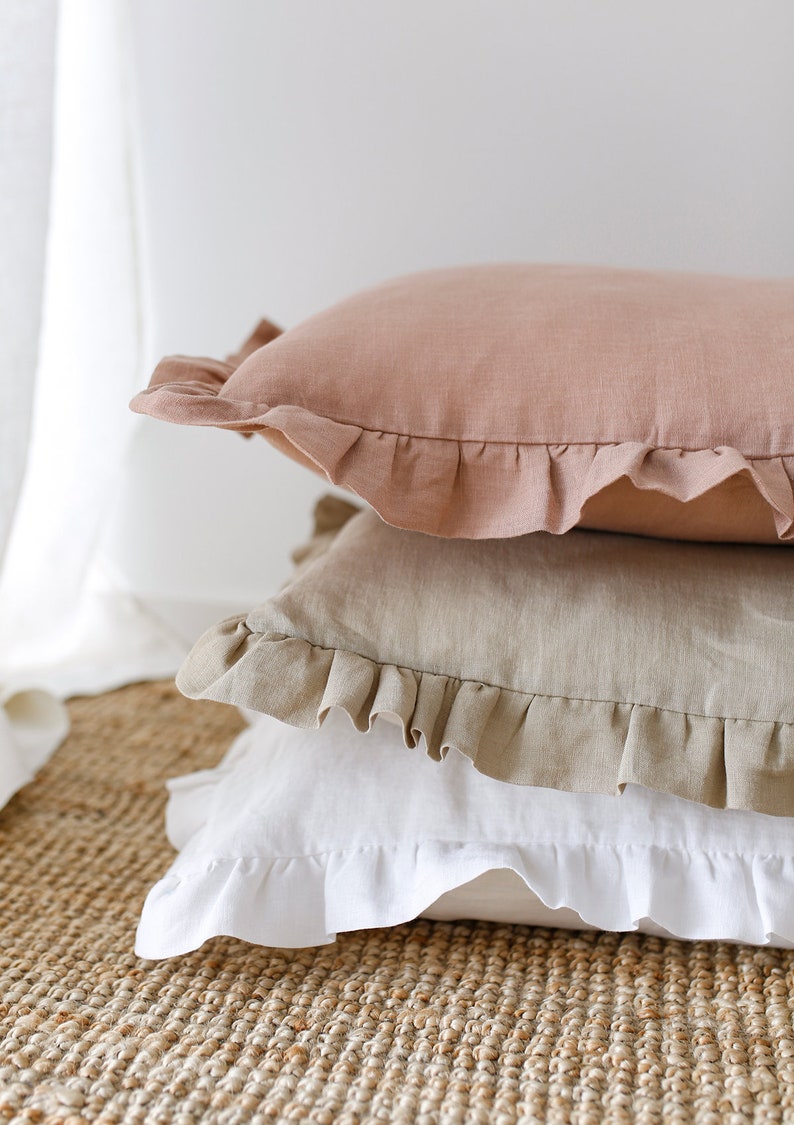 Linen pillowcase with ruffles, Standard Queen farmhouse style linen pillow covers in various sizes and colors image 3