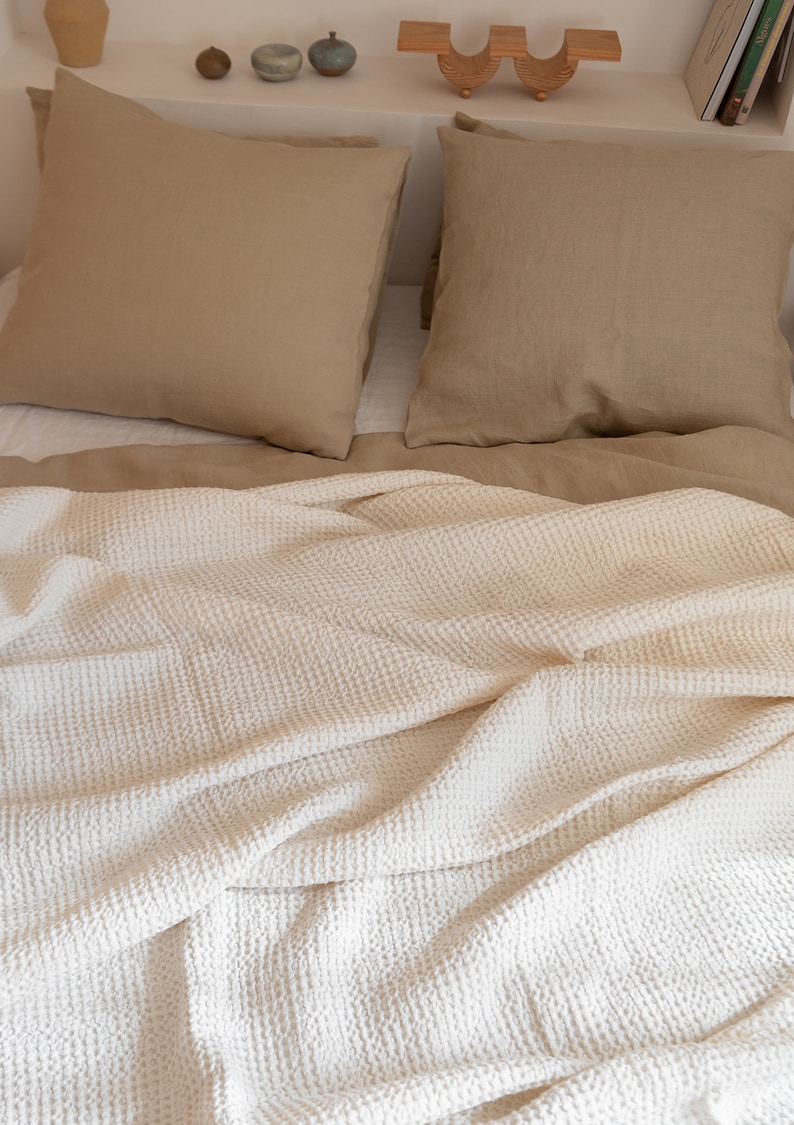Cream white waffle weave linen blanket, linen cotton blend bed throw blanket Queen King sizes image 3