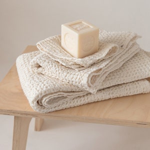 Cream white waffle weave linen bath towel set