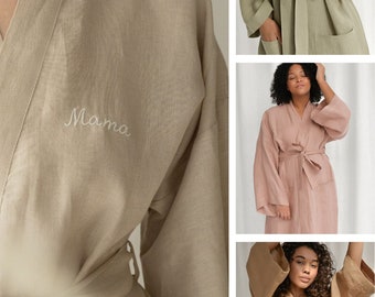 Personalized linen bathrobe, linen bathrobe with custom embroidery, handmade linen kimono robe for women