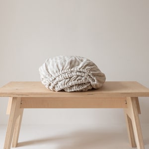 Beige stripe linen fitted sheet, washed linen bed sheet, Queen King linen sheets