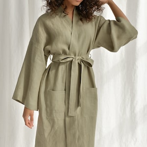 Moss green linen bathrobe, handmade linen kimono robe, oversized linen robe for women