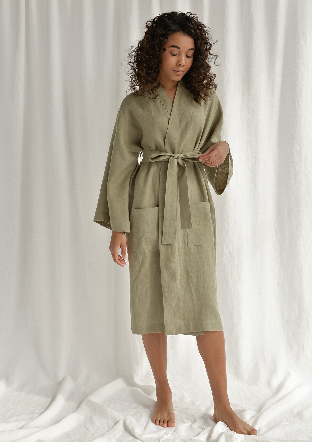 Moss Green Linen Bathrobe Handmade Linen Kimono Robe Etsy Canada
