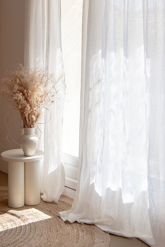 Rod Pocket White Linen Curtain Panel, Semi-sheer Washed White