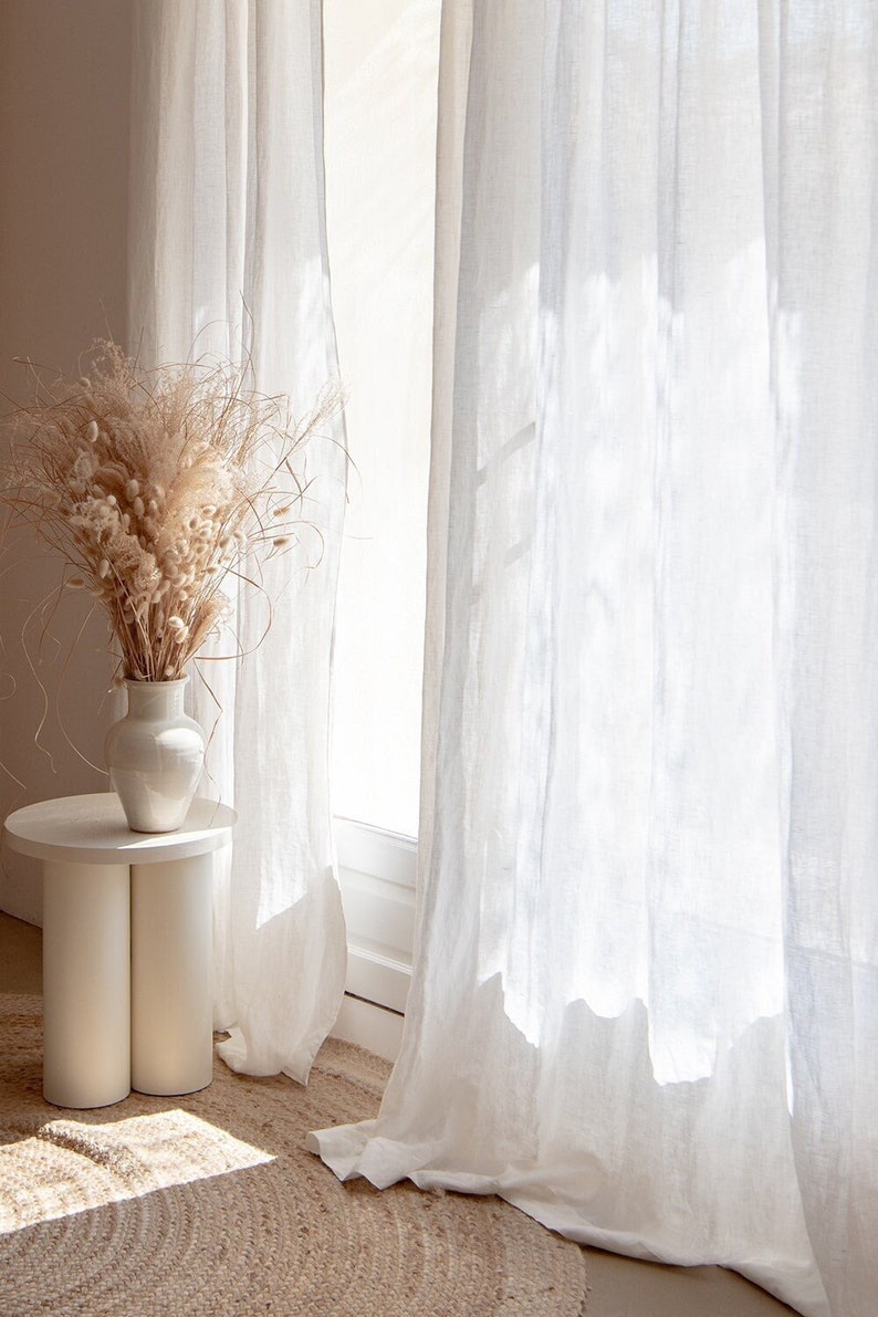 Rod pocket white linen curtain panel, semi-sheer washed white linen curtains, custom made linen drapes 画像 2