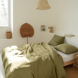 Linen duvet cover set in moss green: linen duvet cover and two linen pillowcases, washed linen bedding set, Queen King sizes image 3