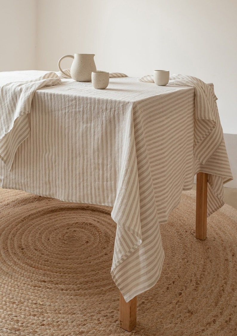 Beige stripe linen tablecloth, square, rectangular linen table cloth, custom size table linens image 1